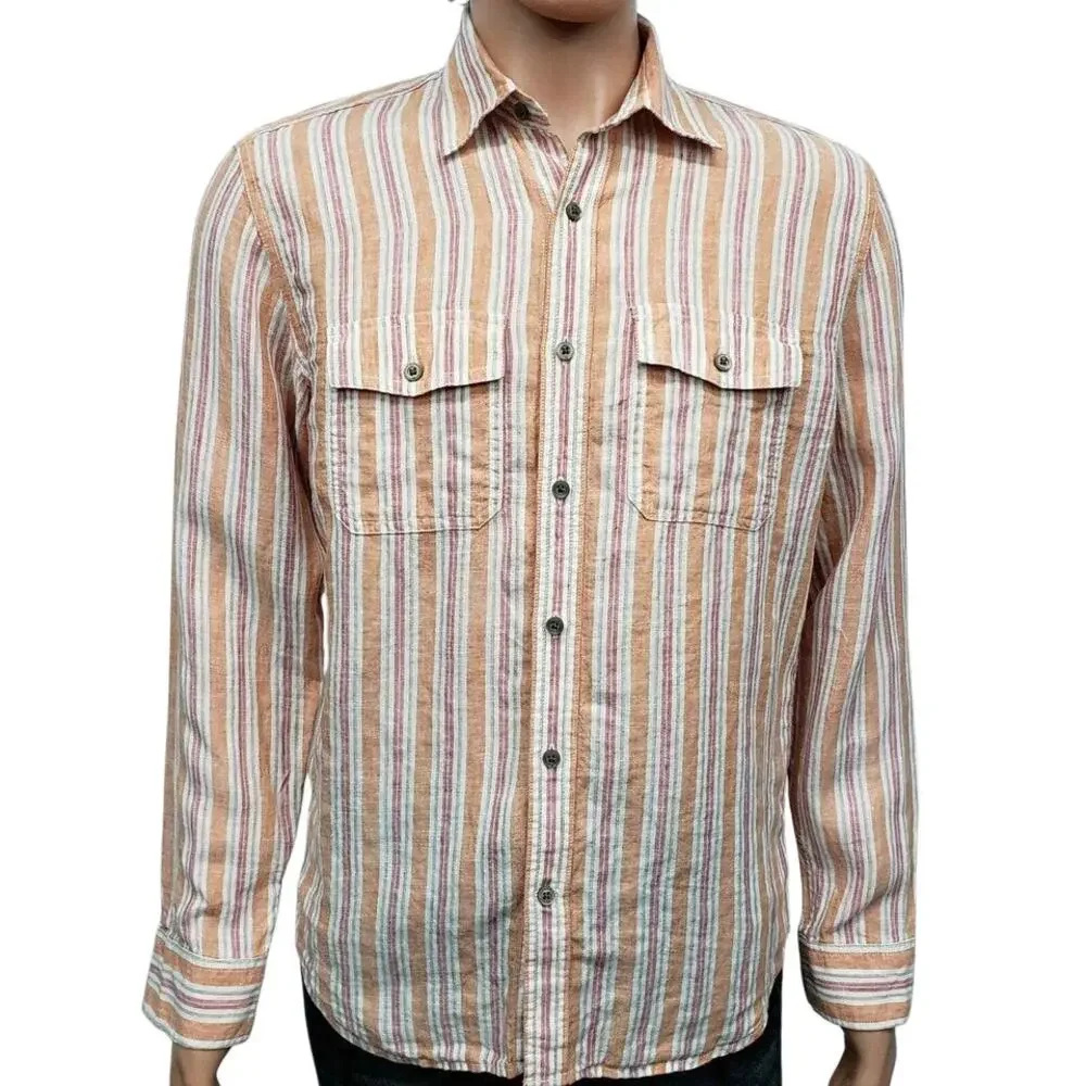 Banana Republic Linen Shirt Men S 14 / 14.5  Orange Stripe Long Sleeve Button Up